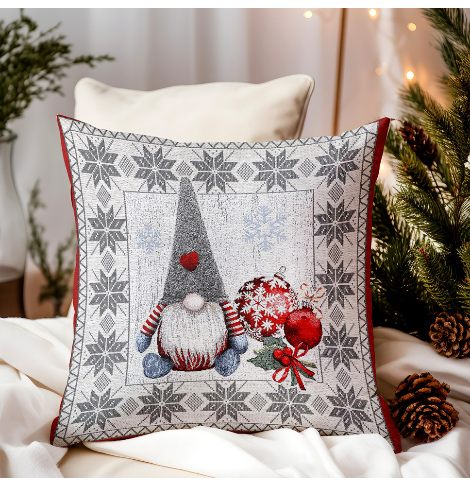 Karácsonyi lurexszel díszített gobelin párnahuzat - törpe és karácsonyi gömbök
