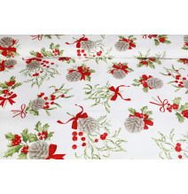 Karácsonyi pamut díszanyag tobozok, magyal és piros masnik fehér alapon