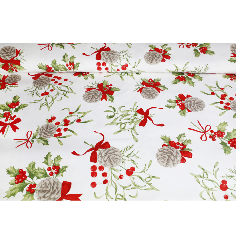 Karácsonyi pamut díszanyag tobozok, magyal és piros masnik fehér alapon