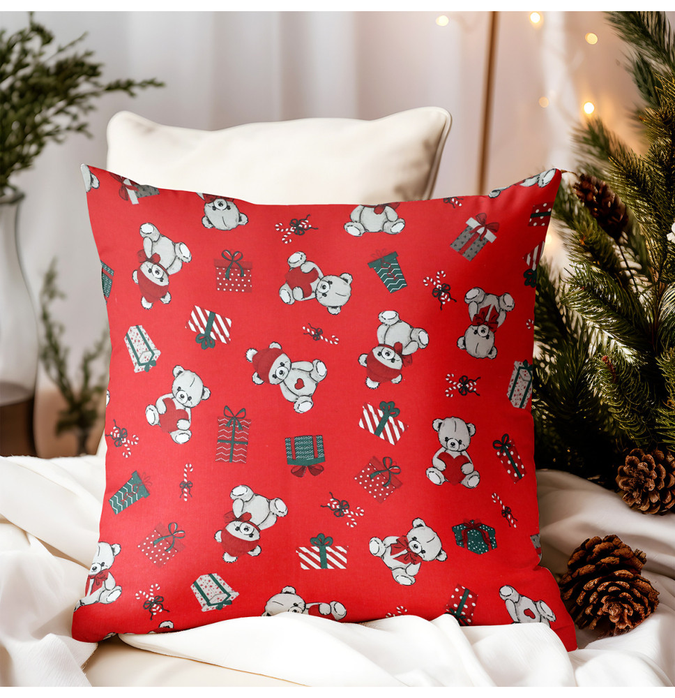Karácsonyi párnahuzat mackók, ajándékok és cukorkák piros alapon