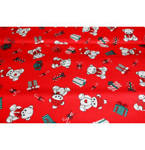 Karácsonyi pamut terítő mackók, ajándékok és cukorkák piros alapon