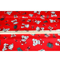 Karácsonyi asztali futó mackók, ajándékok és cukorkák piros alapon