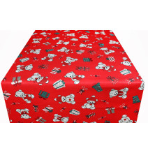 Karácsonyi asztali futó mackók, ajándékok és cukorkák piros alapon