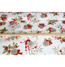 Karácsonyi terítő tobozok, magyal és piros masnik |Mondo Italia