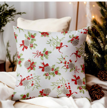 Karácsonyi párnahuzat fenyőtobozokkal, magyallal és piros masnikkal