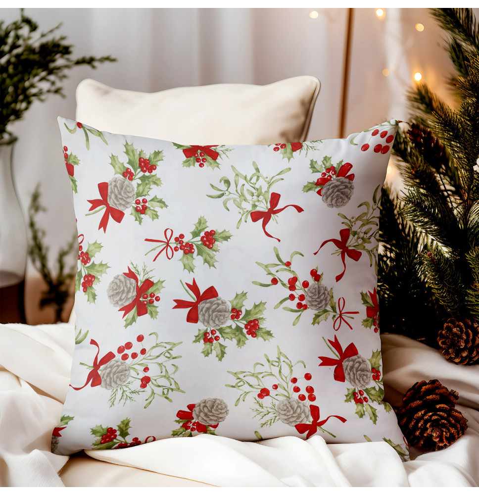 Karácsonyi párnahuzat fenyőtobozokkal, magyallal és piros masnikkal