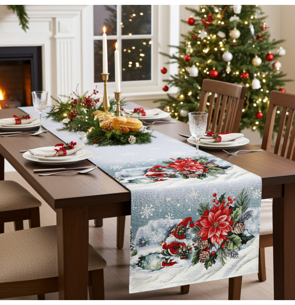 Karácsonyi Gobelin Asztali Futó Lurexszel - Korcsolyázó Manó