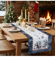Luxus karácsonyi gobelin asztali futó lurexszel - Varázslatos Mikulás és hópelyhek