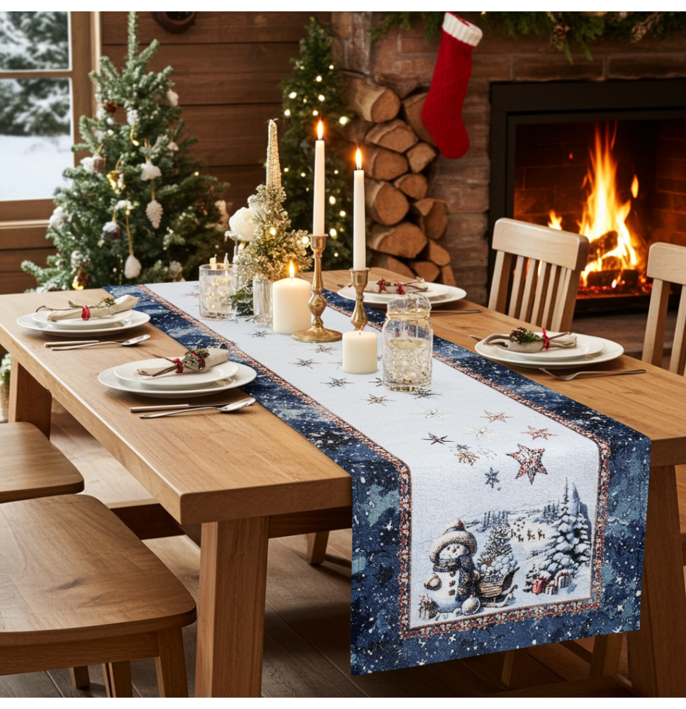 Luxus karácsonyi gobelin asztali futó lurexszel - Varázslatos Mikulás és hópelyhek