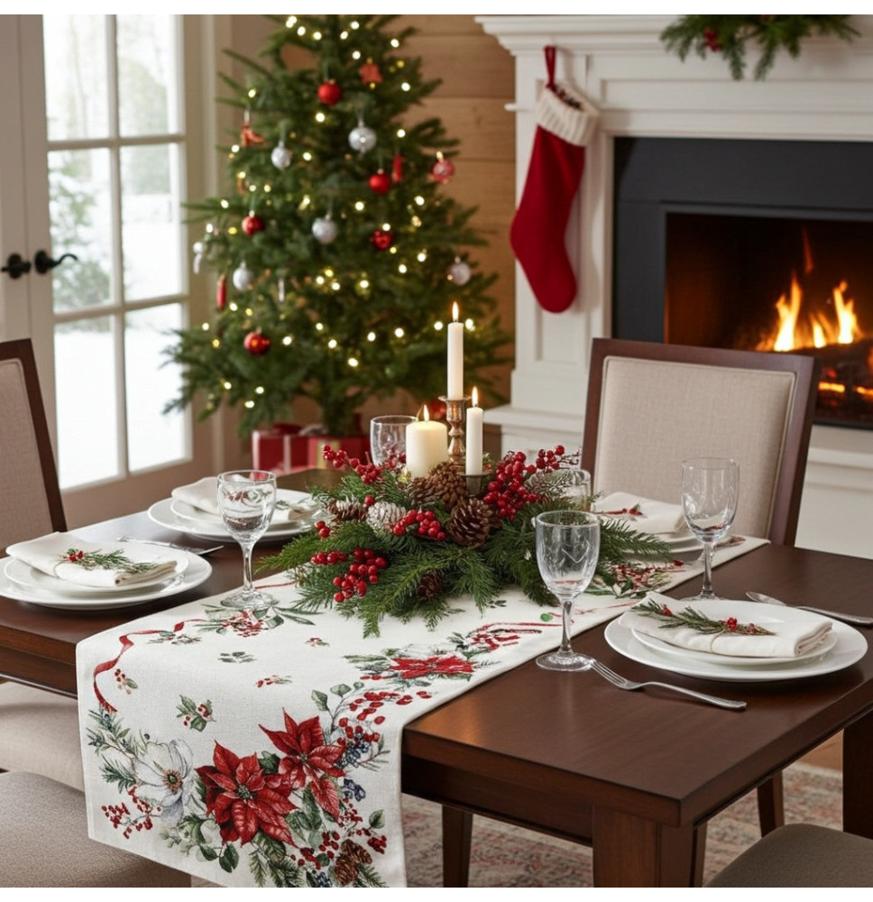 Karácsonyi lurexes gobelin asztali futó - Karácsonyi virágok és gallyak