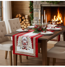 Luxus karácsonyi gobelin asztali futó karácsonyi manó és arany Lurex cérnával