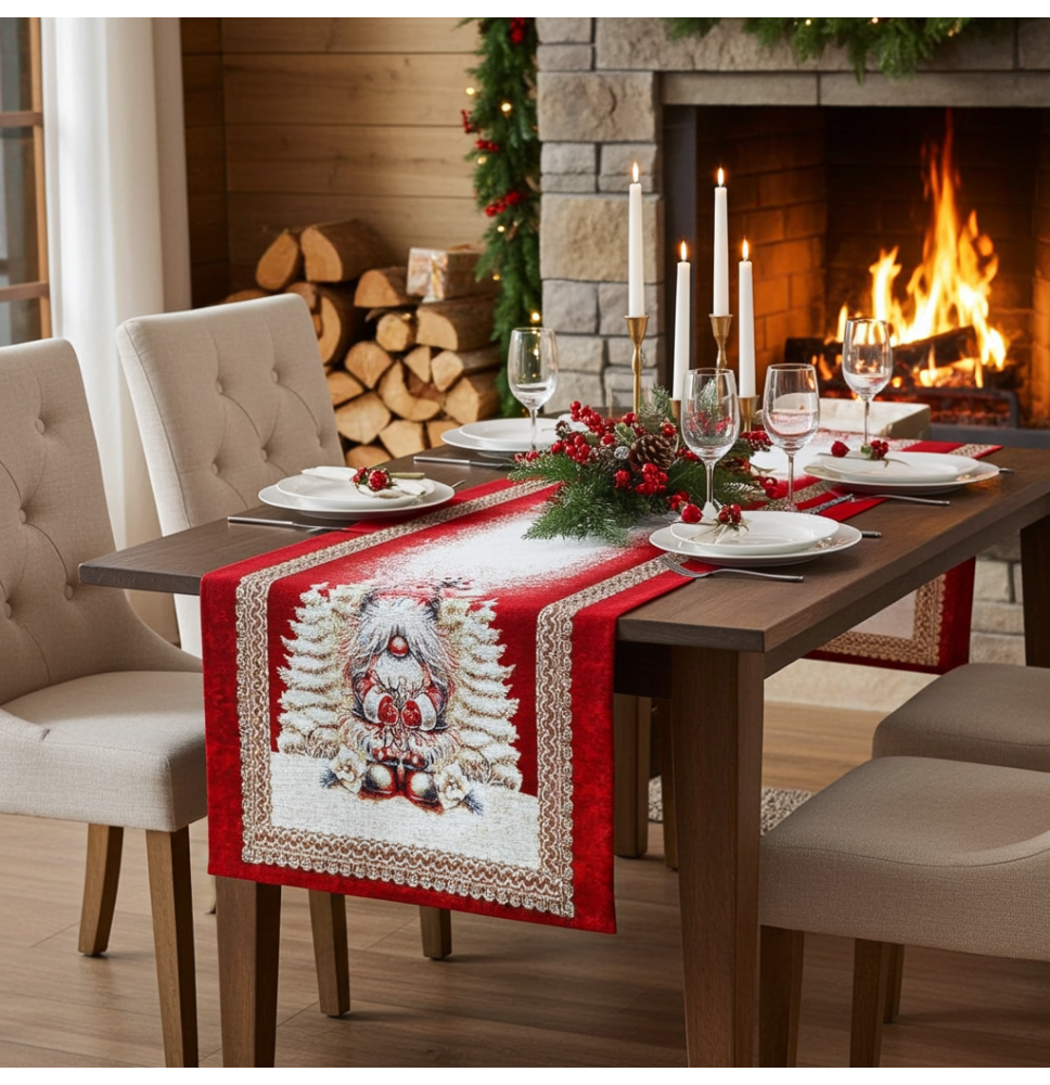 Luxus karácsonyi gobelin asztali futó karácsonyi manó és arany Lurex cérnával