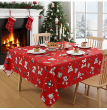 Karácsonyi pamut terítő mackók, ajándékok és cukorkák piros alapon