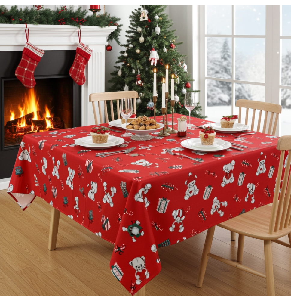 Karácsonyi pamut terítő mackók, ajándékok és cukorkák piros alapon