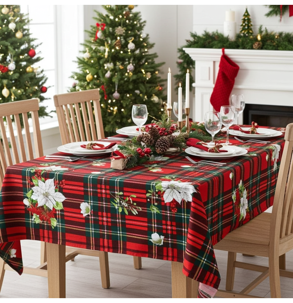 Karácsonyi pamut terítő Karácsonyi rózsák kockákon