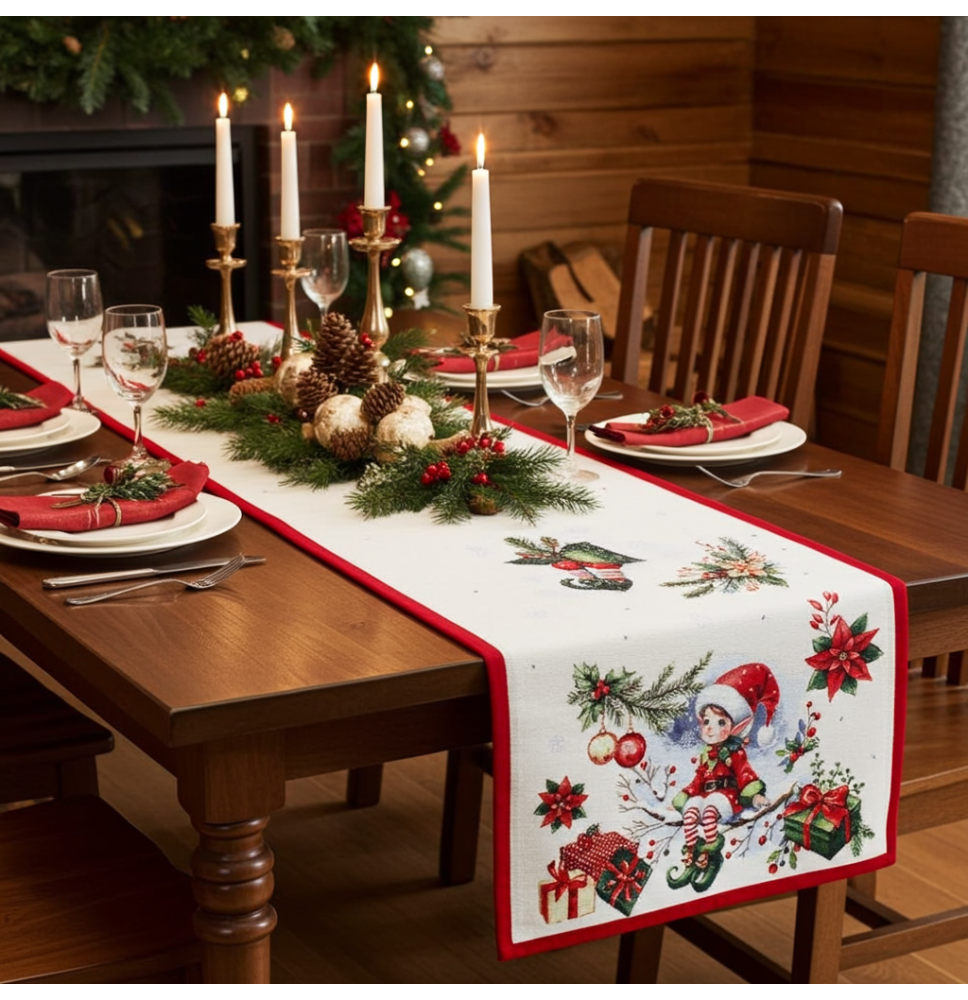 Luxus karácsonyi gobelin asztali futó lurexszel - Varázslatos Mikulás és hópelyhek másolata