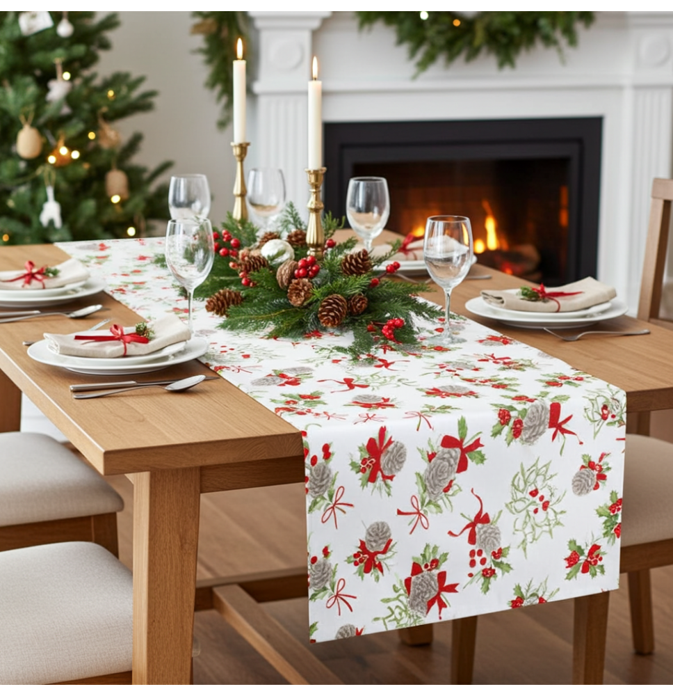 Karácsonyi terítő tobozok, magyal és piros masnik |Mondo Italia