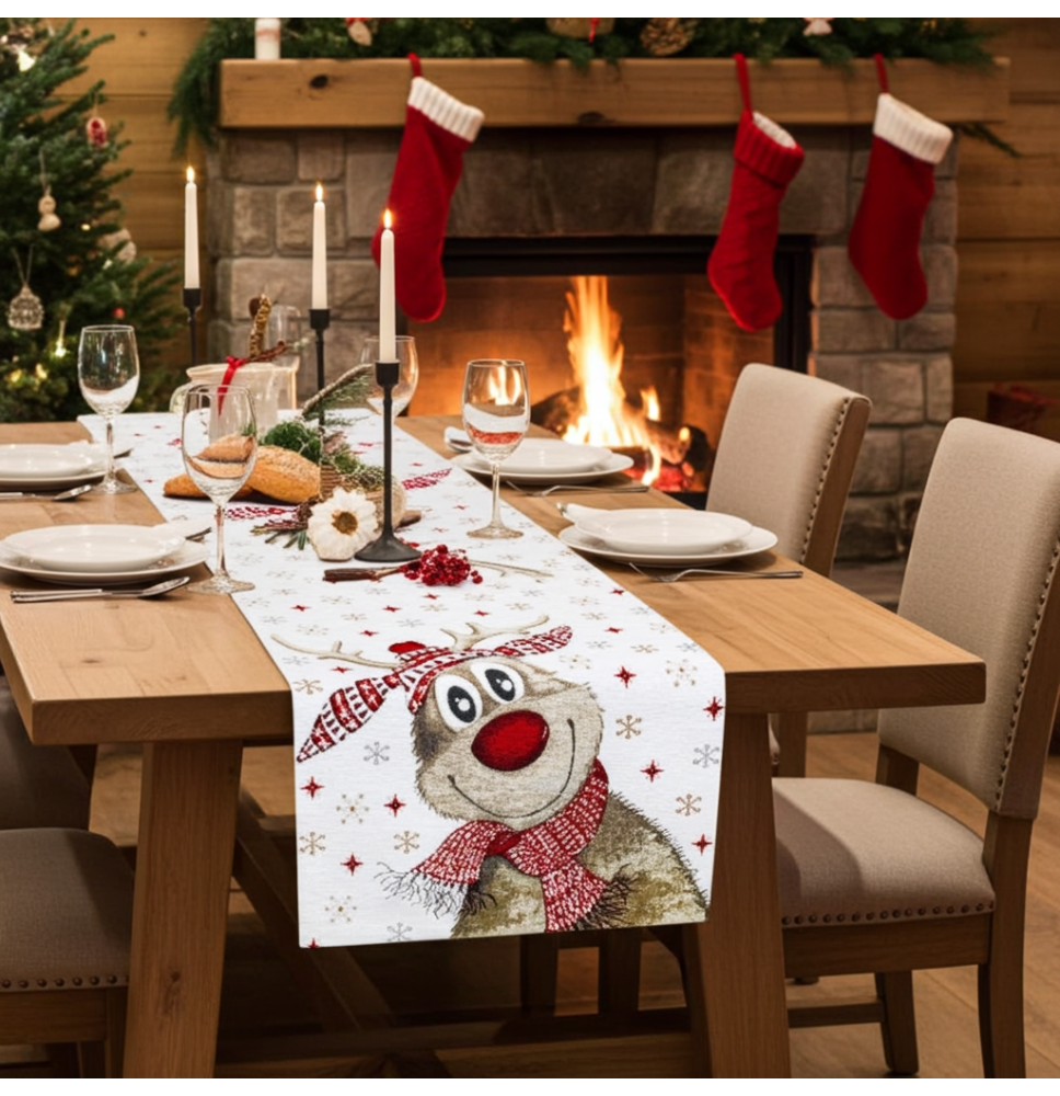 Karácsonyi zsenília terítő vidám rénszarvas motívummal Chenille IT031