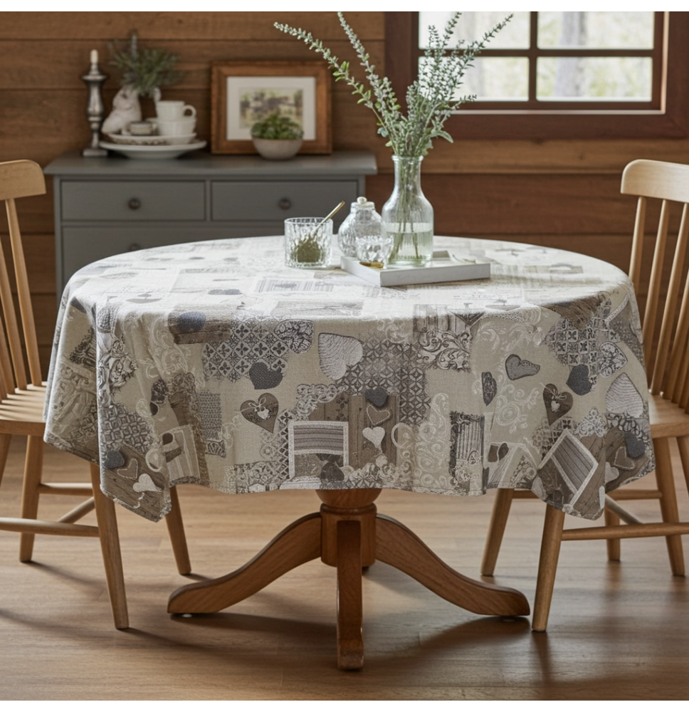 Kerek terítő patchwork szürkésbarna szívek