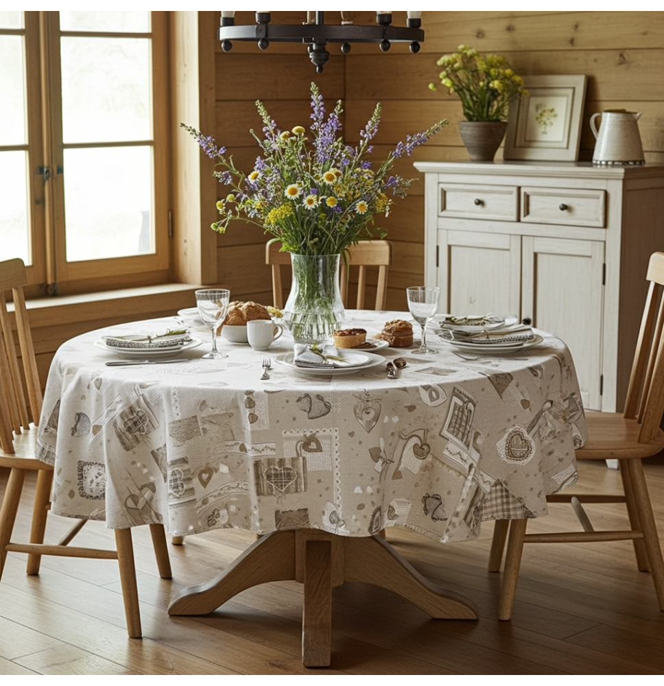 Kerek terítő, finom szürkésbarna szívek