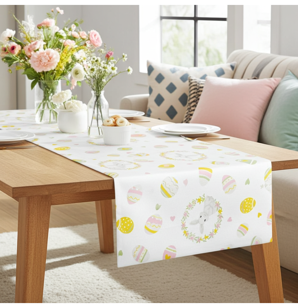 Húsvéti pamut asztali futó nyuszi és tojás