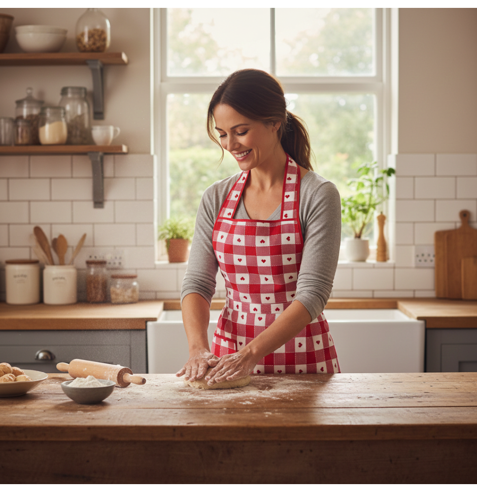 Pamut konyhai kötény piros, szívekkel