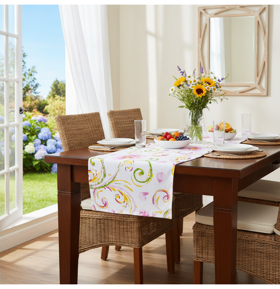 Asztali futó Virágok fehéren